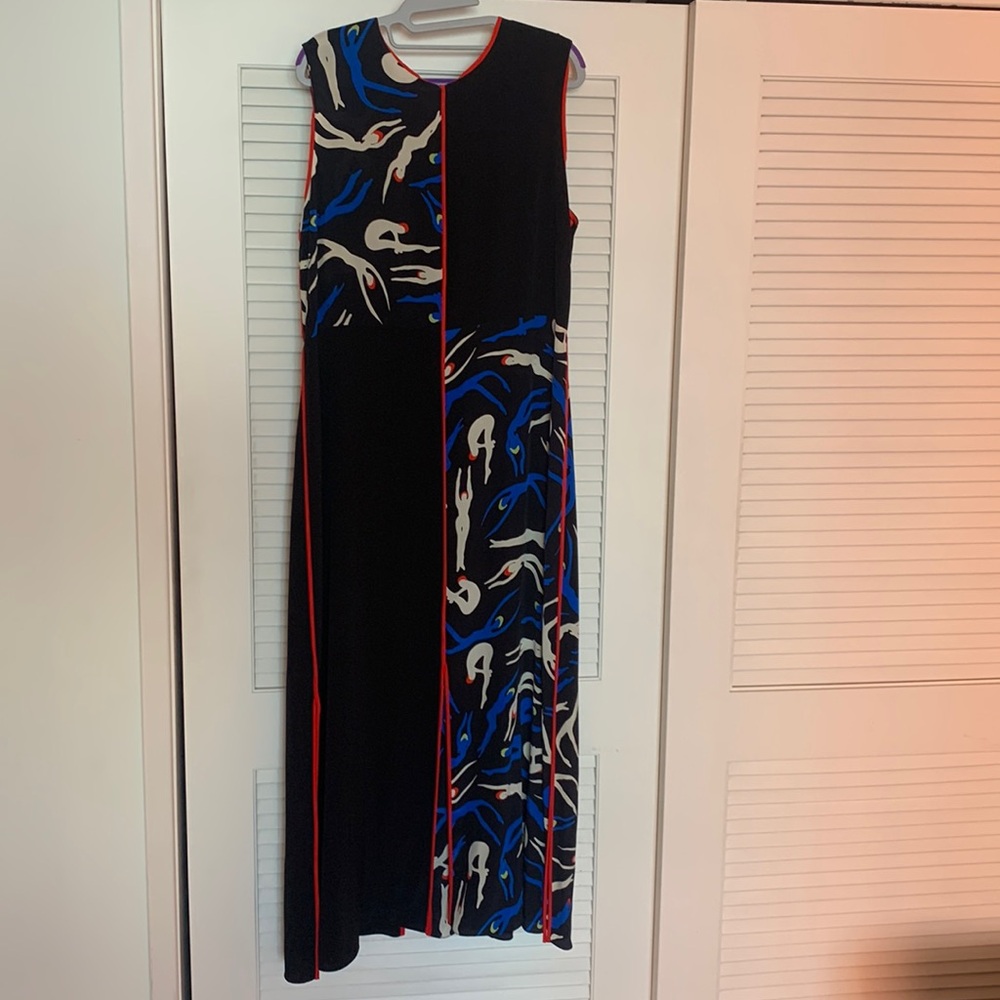 Long silk dress with fun pattern.
